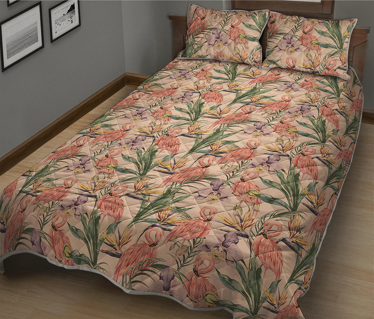 Vintage Flamingo Pattern Print Quilt Bed Set