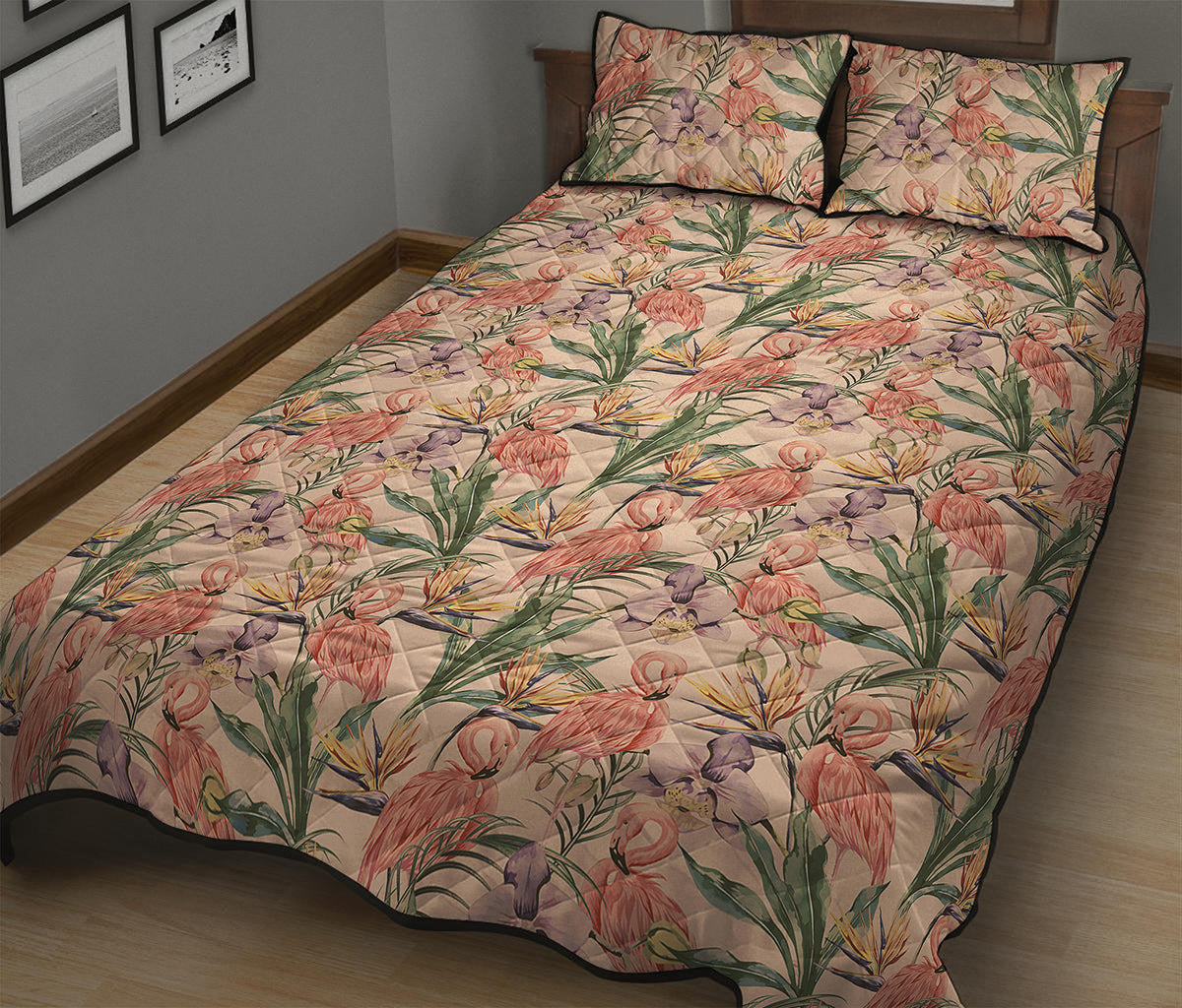 Vintage Flamingo Pattern Print Quilt Bed Set