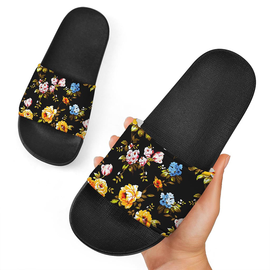 Vintage Floral Flower Pattern Print Black Slide Sandals