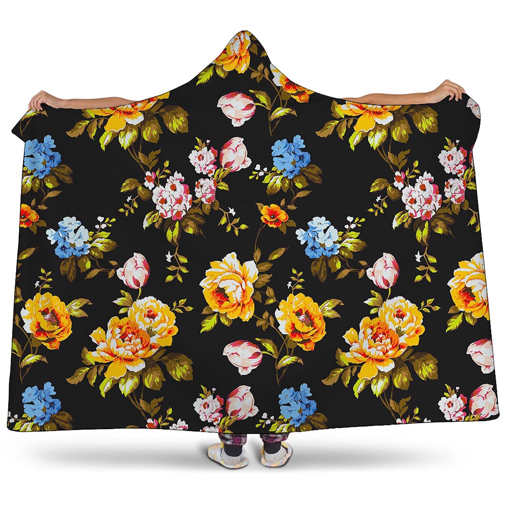 Vintage Floral Flower Pattern Print Hooded Blanket
