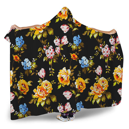 Vintage Floral Flower Pattern Print Hooded Blanket