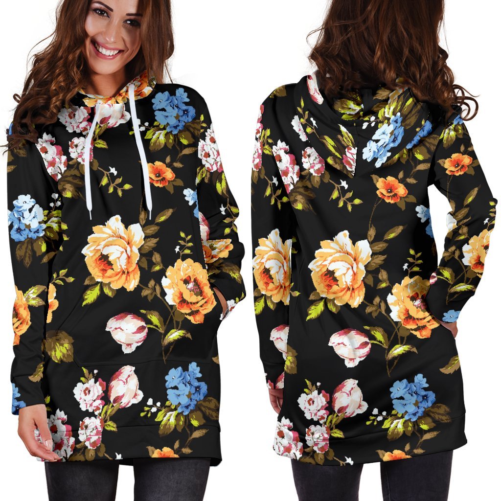 Vintage Floral Flower Pattern Print Hoodie Dress GearFrost