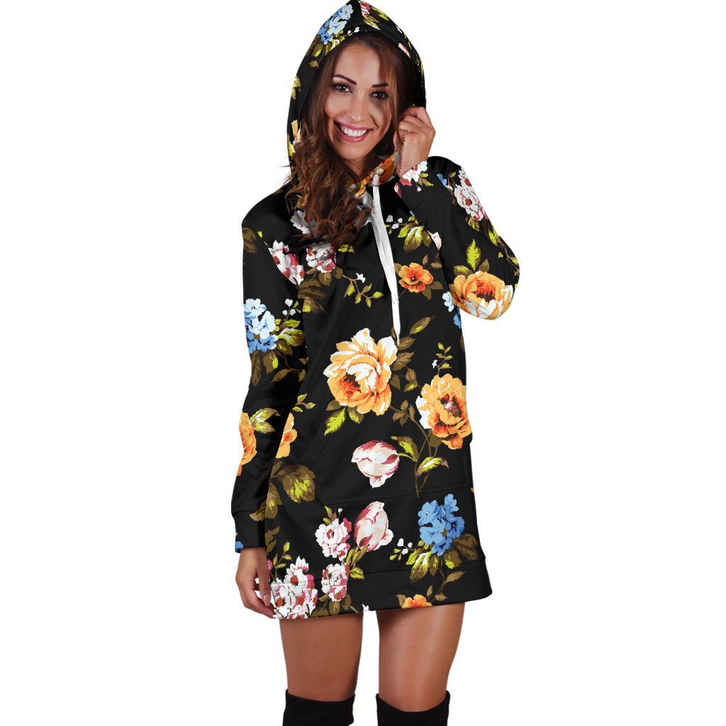 Vintage Floral Flower Pattern Print Hoodie Dress GearFrost