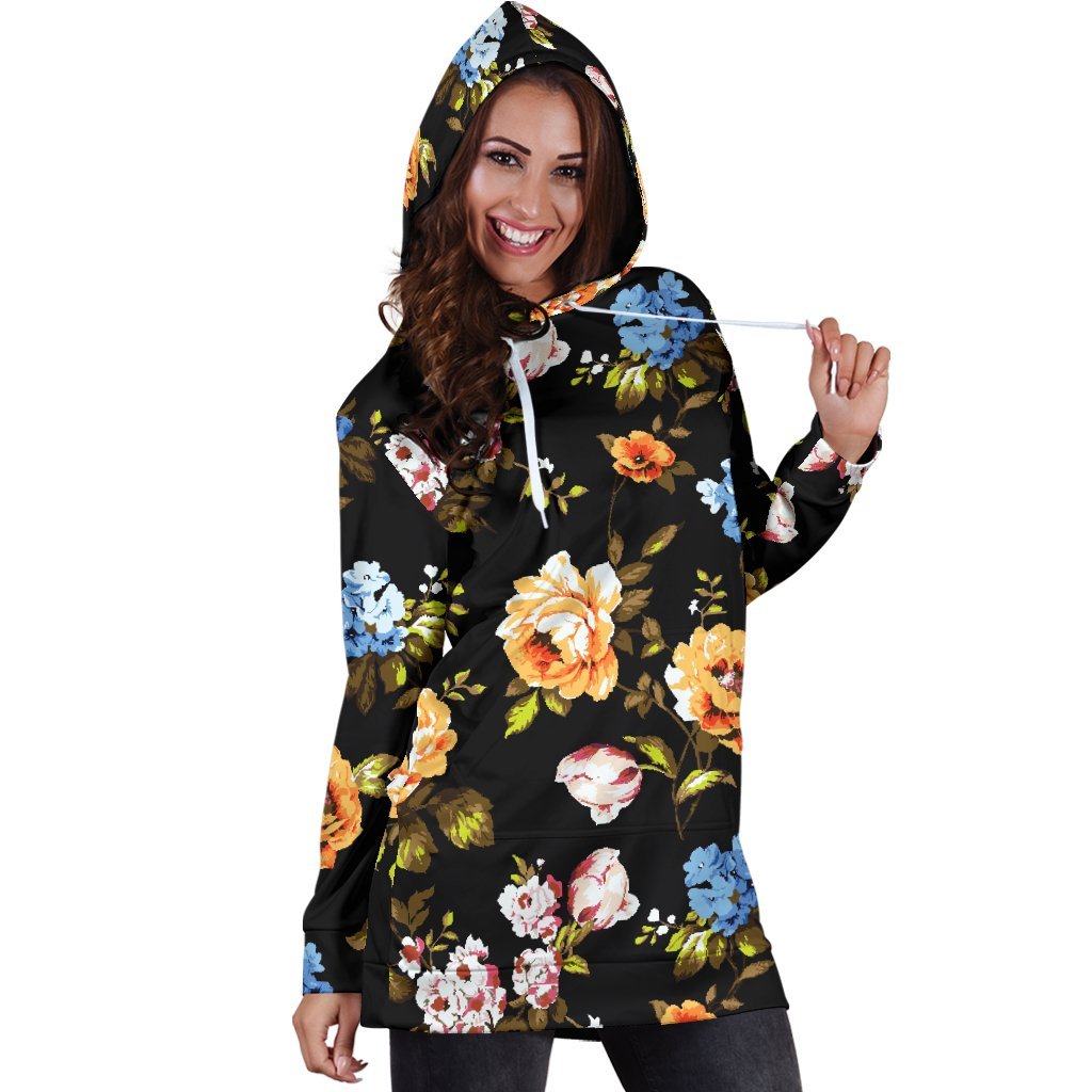 Vintage Floral Flower Pattern Print Hoodie Dress GearFrost