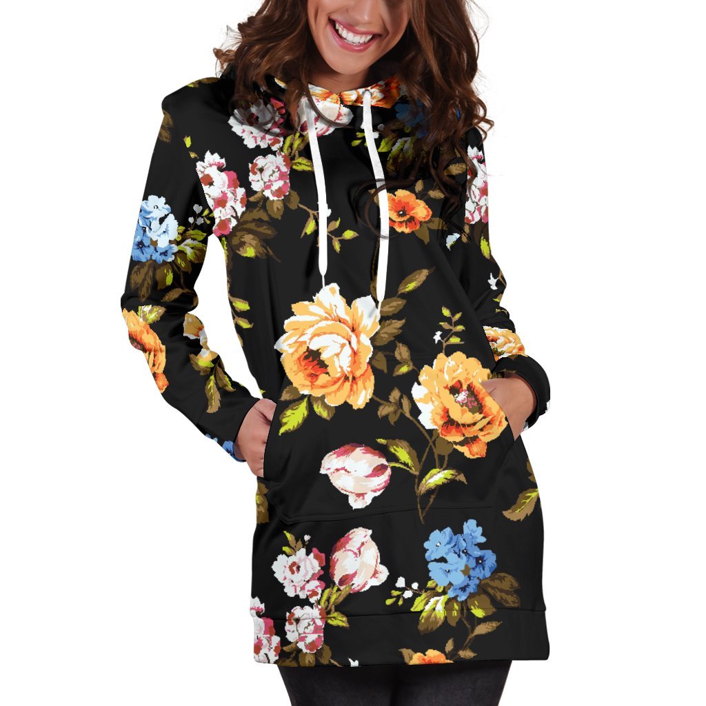 Vintage Floral Flower Pattern Print Hoodie Dress GearFrost