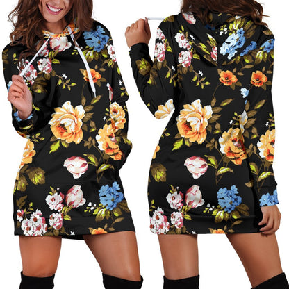 Vintage Floral Flower Pattern Print Hoodie Dress GearFrost