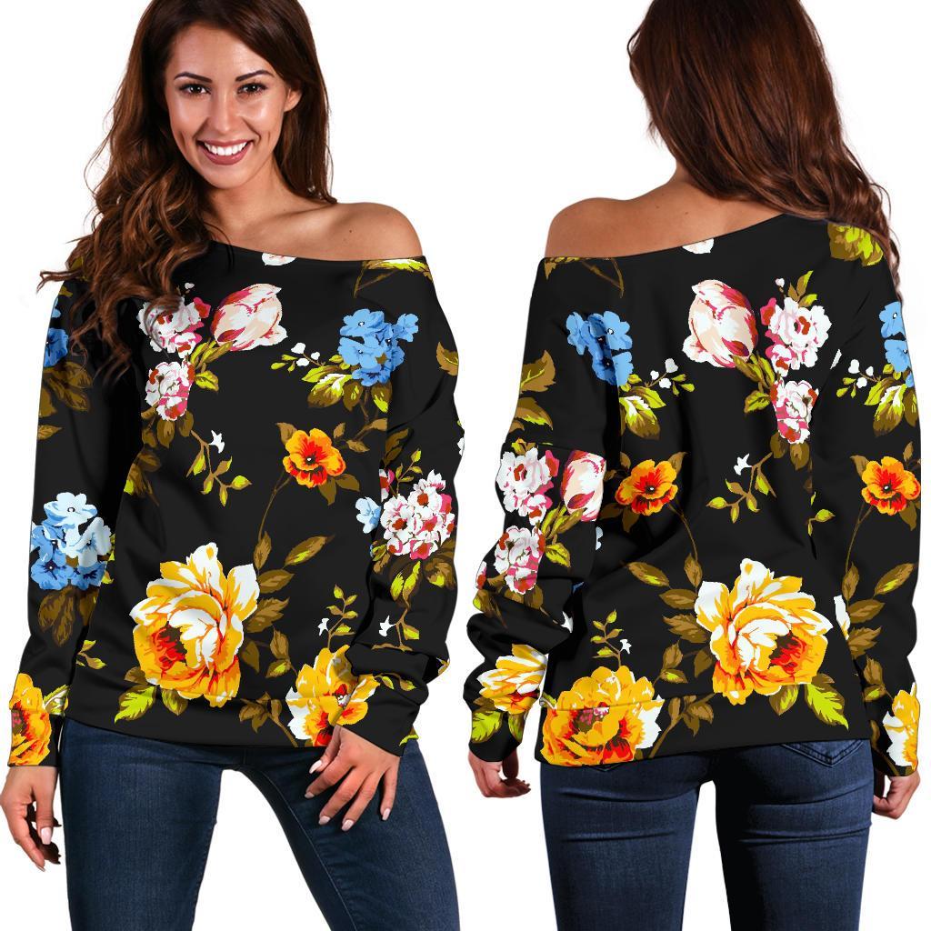 Vintage Floral Flower Pattern Print Off Shoulder Sweatshirt GearFrost