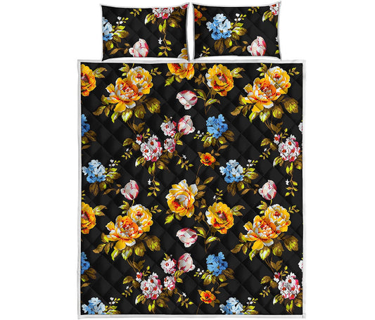 Vintage Floral Flower Pattern Print Quilt Bed Set