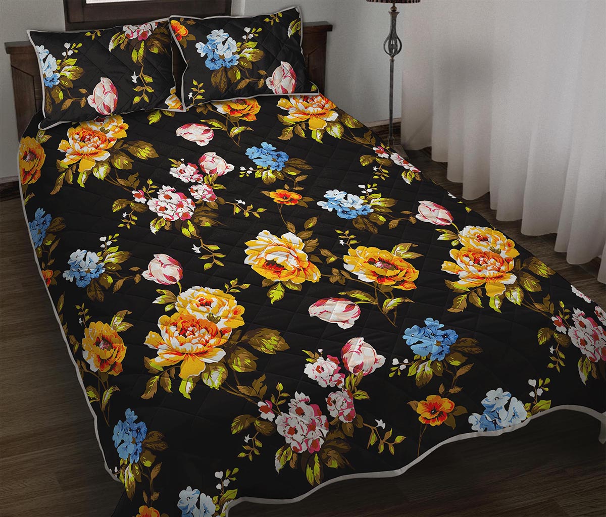 Vintage Floral Flower Pattern Print Quilt Bed Set