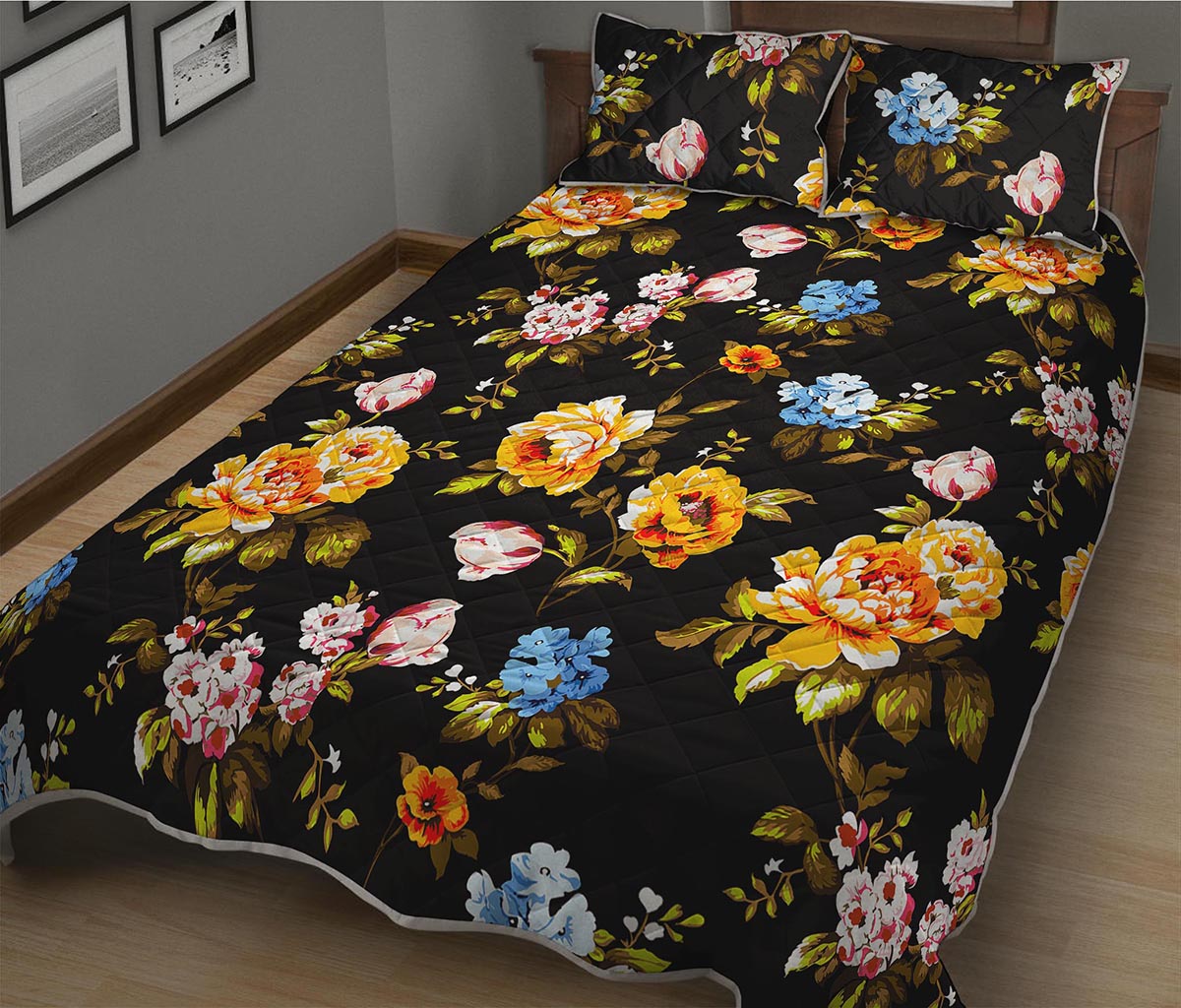 Vintage Floral Flower Pattern Print Quilt Bed Set