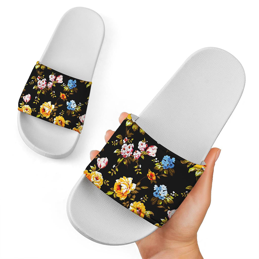 Vintage Floral Flower Pattern Print White Slide Sandals