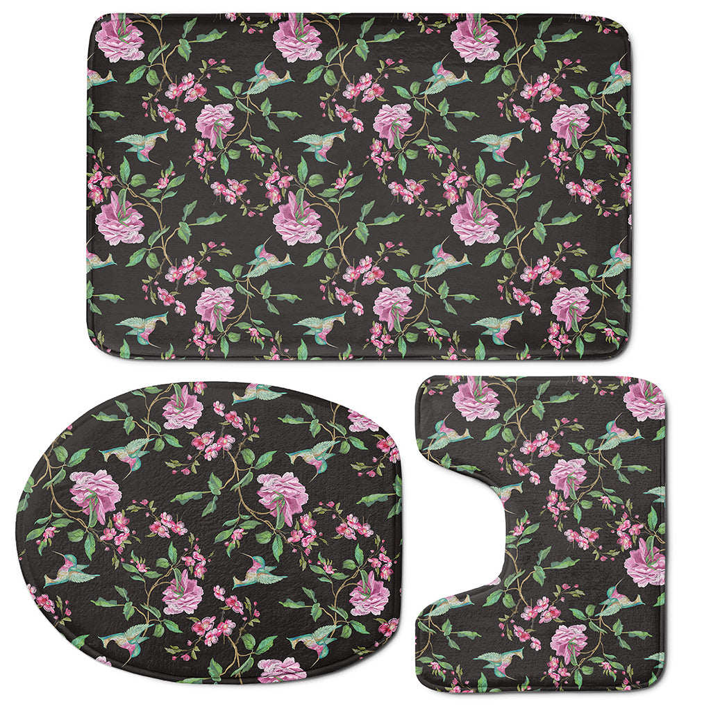 Vintage Floral Hummingbird Print 3 Piece Bath Mat Set