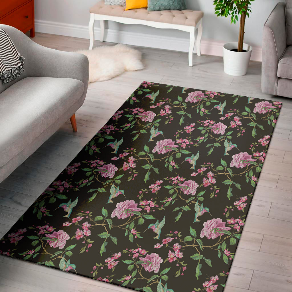 Vintage Floral Hummingbird Print Area Rug