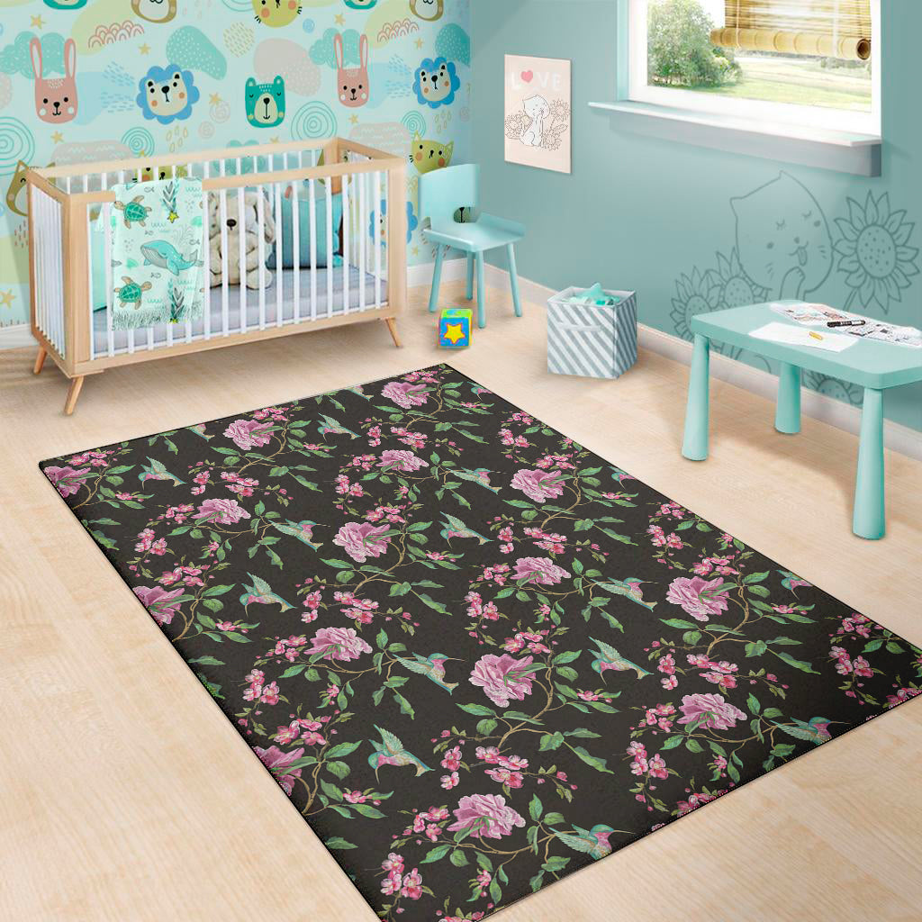 Vintage Floral Hummingbird Print Area Rug