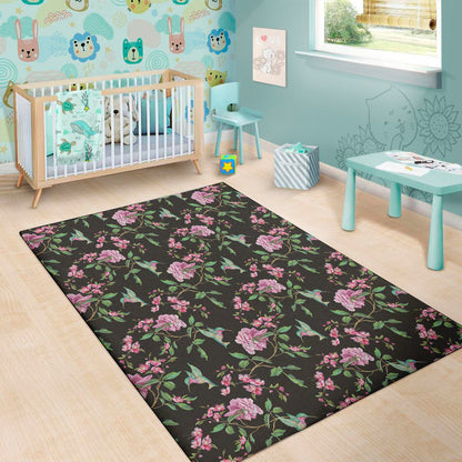 Vintage Floral Hummingbird Print Area Rug