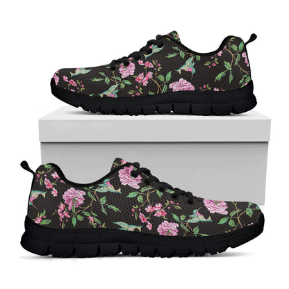 Vintage Floral Hummingbird Print Black Sneakers