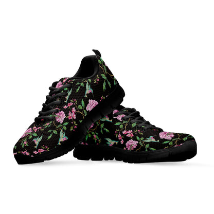 Vintage Floral Hummingbird Print Black Sneakers
