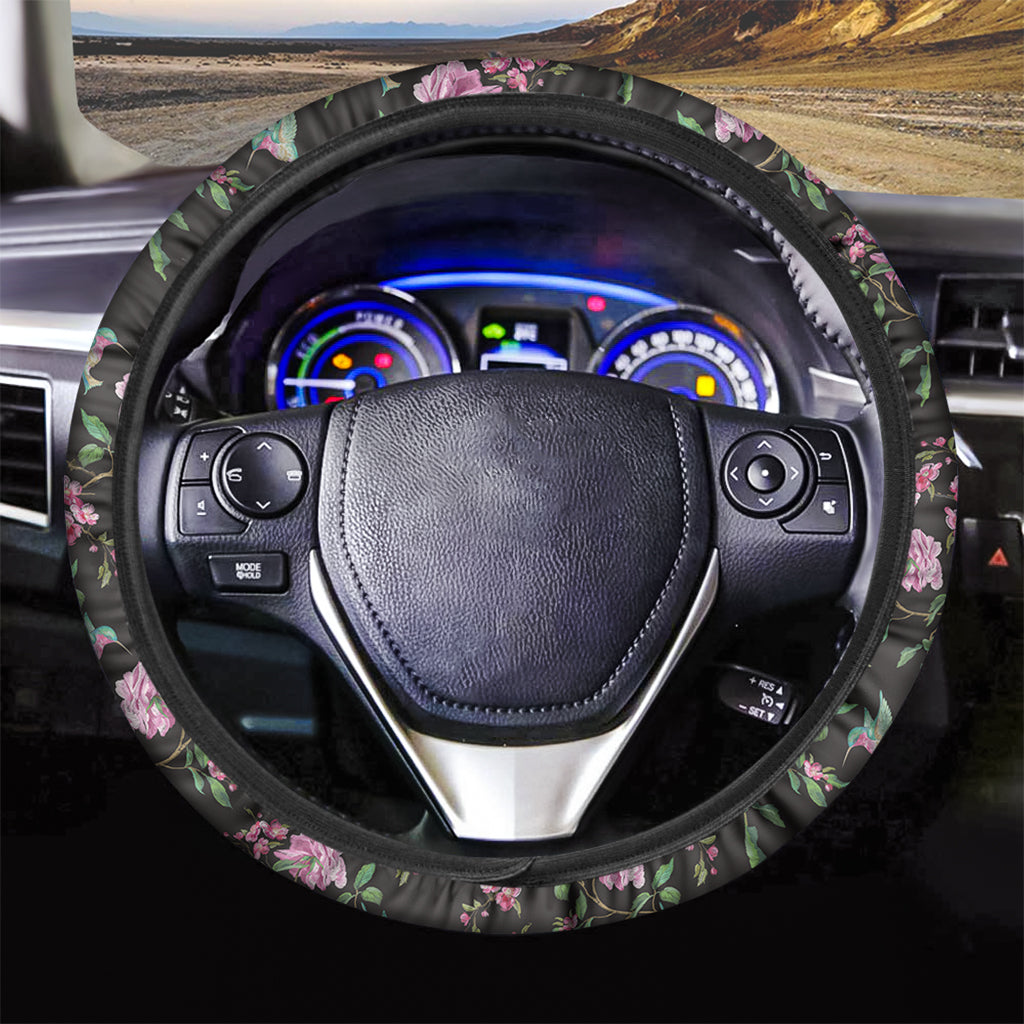 Vintage Floral Hummingbird Print Car Steering Wheel Cover