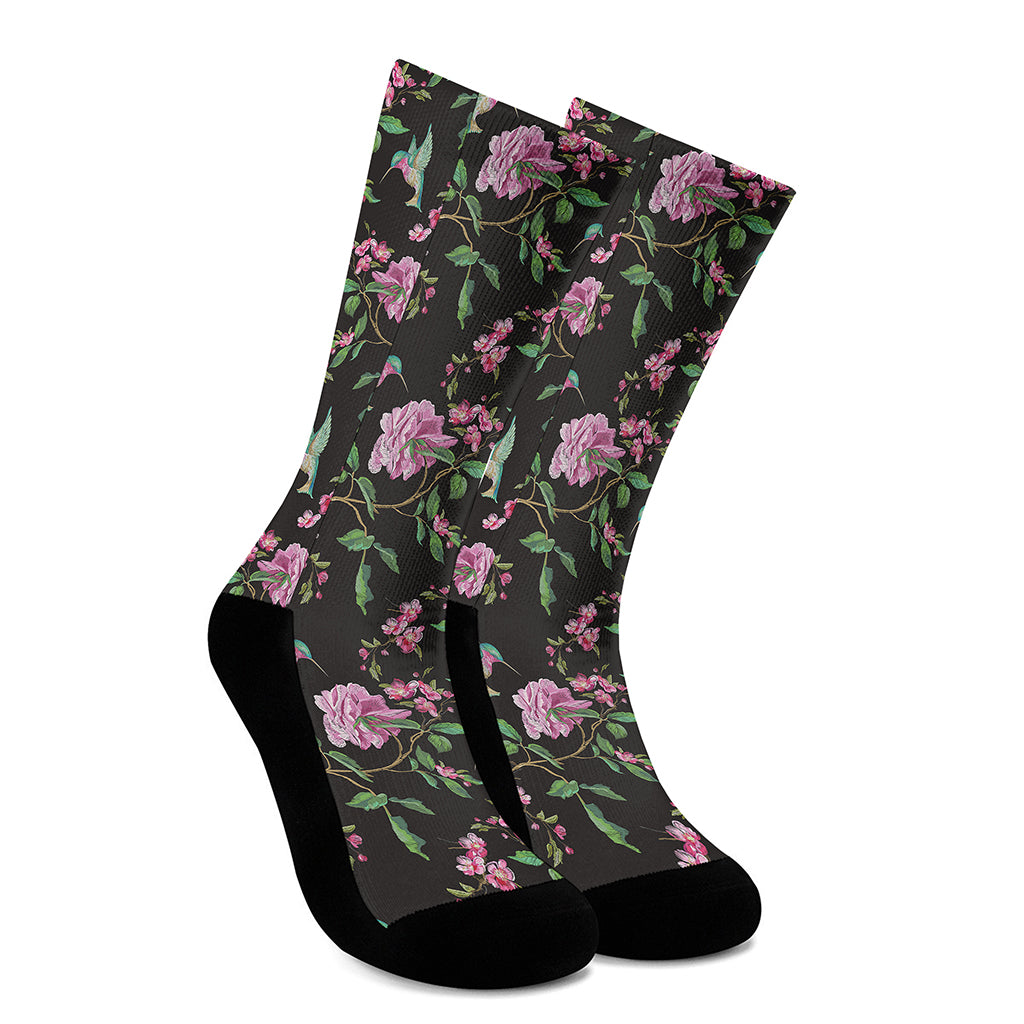 Vintage Floral Hummingbird Print Crew Socks