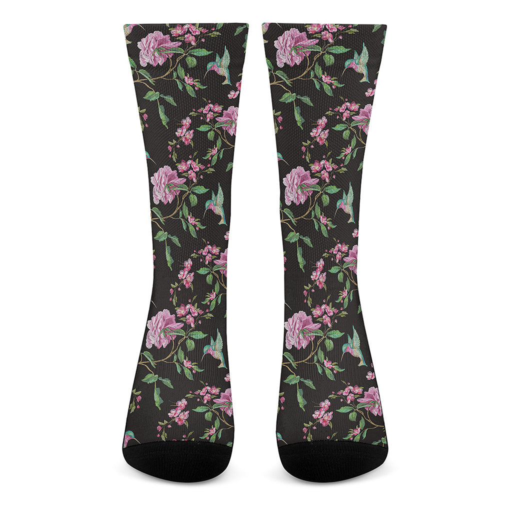 Vintage Floral Hummingbird Print Crew Socks