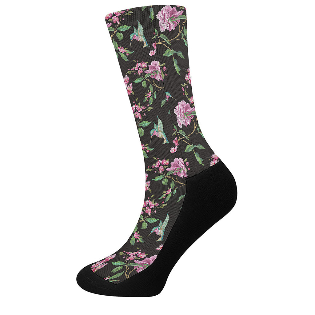 Vintage Floral Hummingbird Print Crew Socks