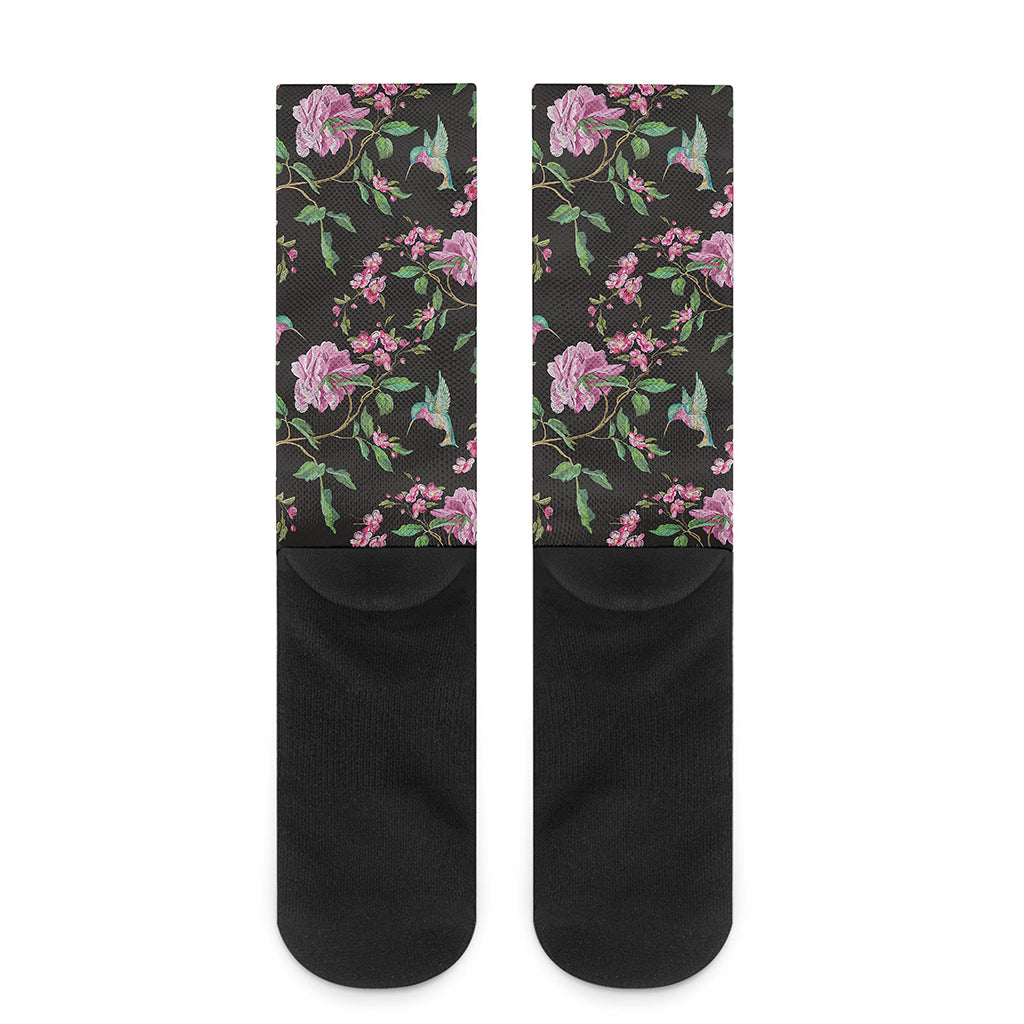 Vintage Floral Hummingbird Print Crew Socks