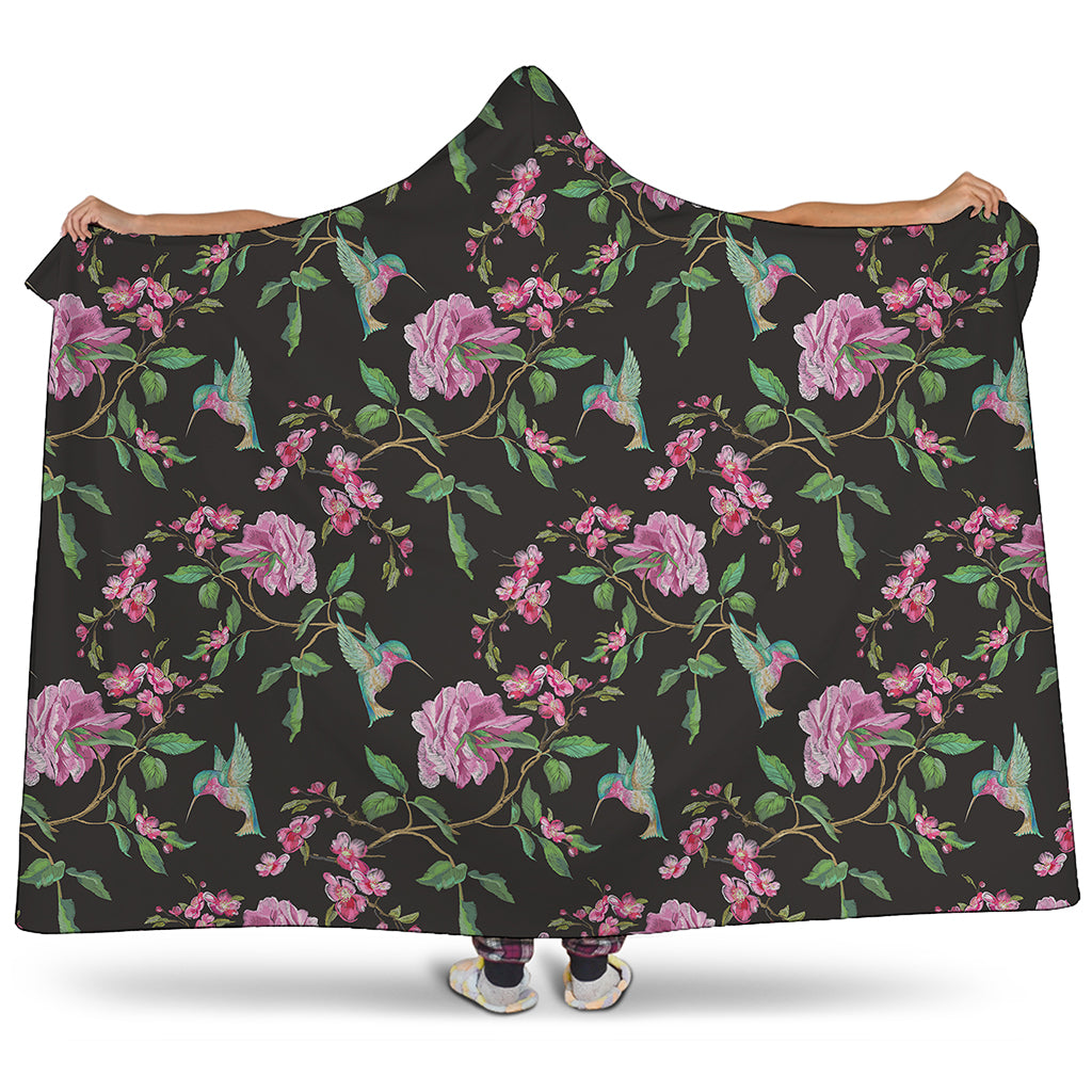 Vintage Floral Hummingbird Print Hooded Blanket