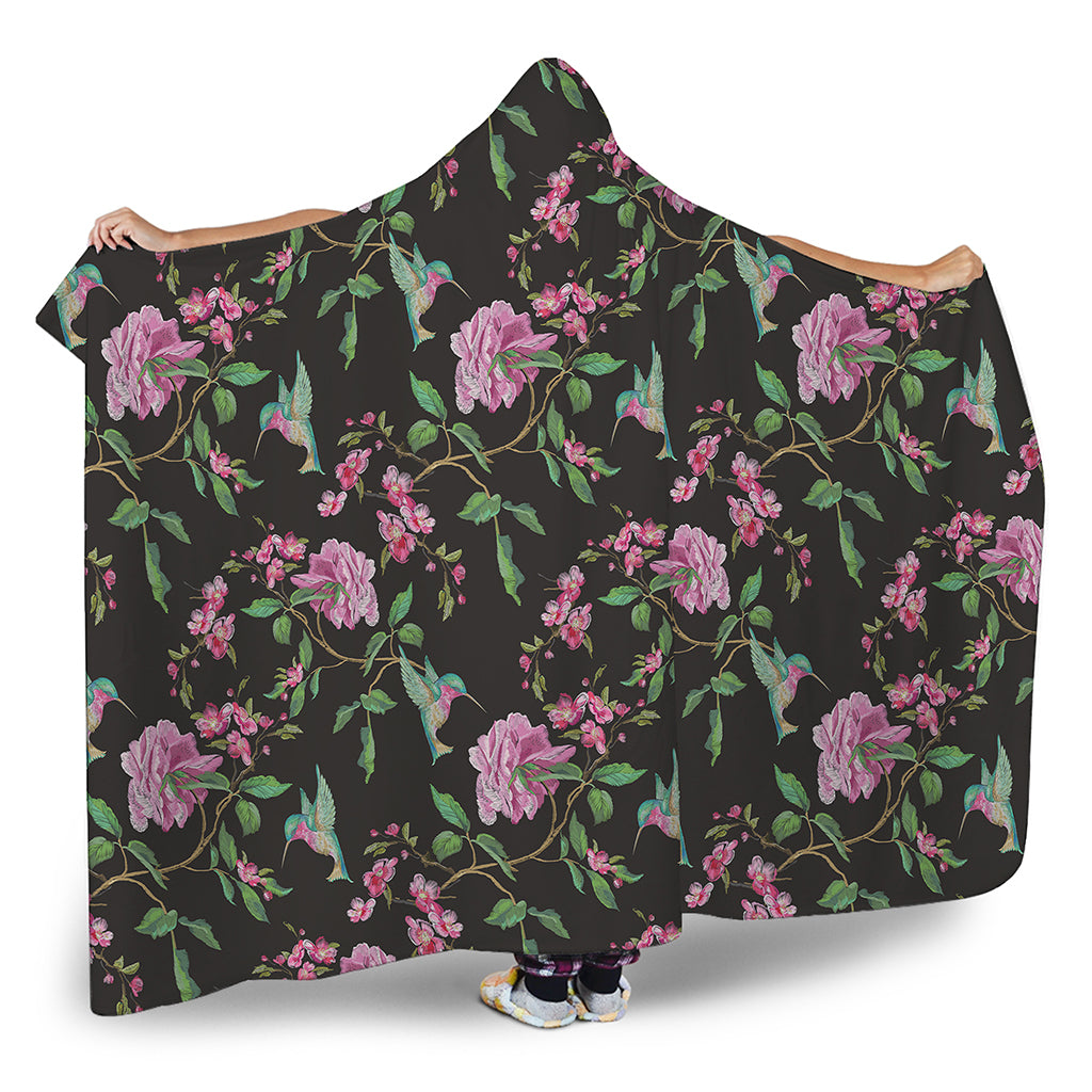 Vintage Floral Hummingbird Print Hooded Blanket