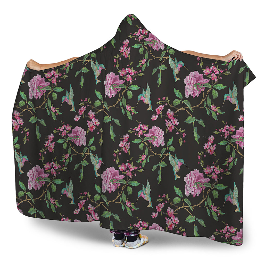 Vintage Floral Hummingbird Print Hooded Blanket