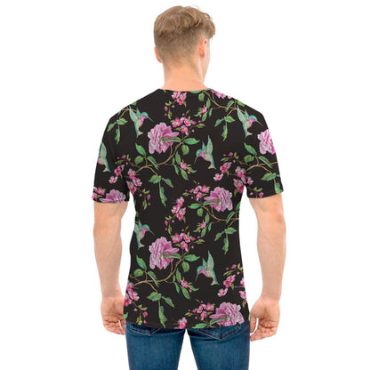 Vintage Floral Hummingbird Print Men's T-Shirt