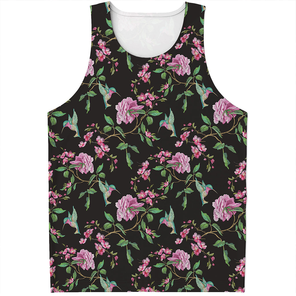 Vintage Floral Hummingbird Print Men's Tank Top