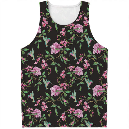 Vintage Floral Hummingbird Print Men's Tank Top