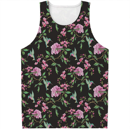 Vintage Floral Hummingbird Print Men's Tank Top