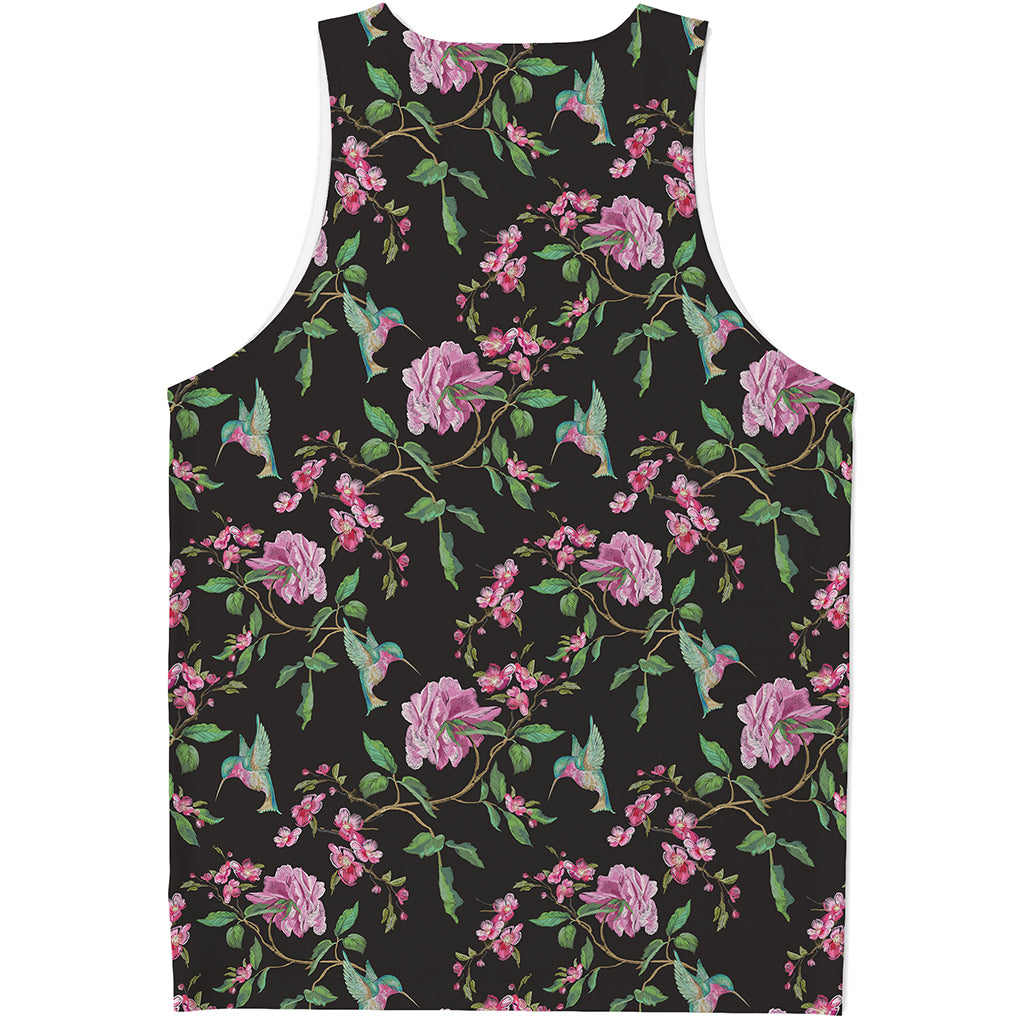 Vintage Floral Hummingbird Print Men's Tank Top