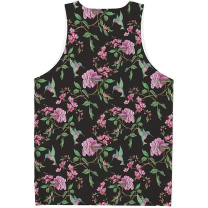 Vintage Floral Hummingbird Print Men's Tank Top