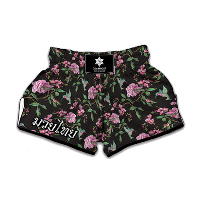 Vintage Floral Hummingbird Print Muay Thai Boxing Shorts