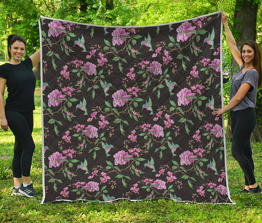 Vintage Floral Hummingbird Print Quilt