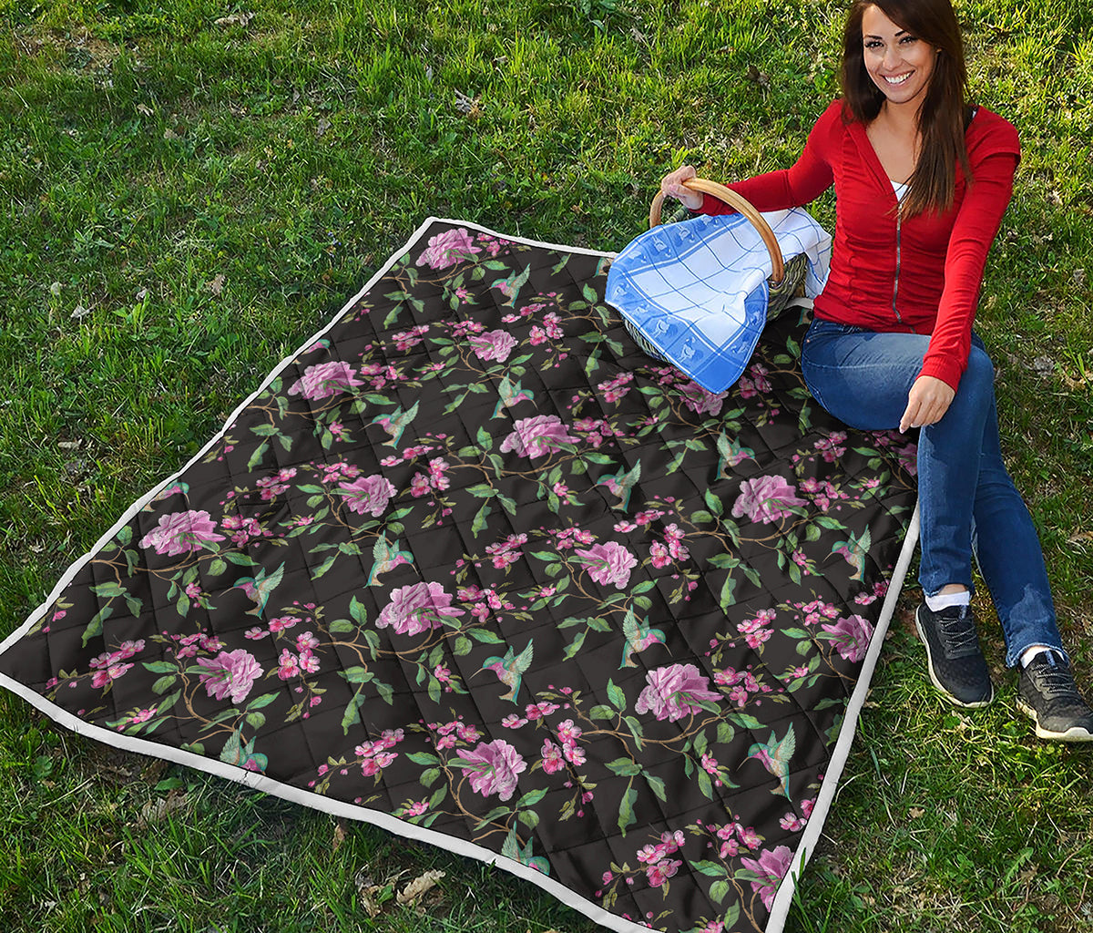 Vintage Floral Hummingbird Print Quilt