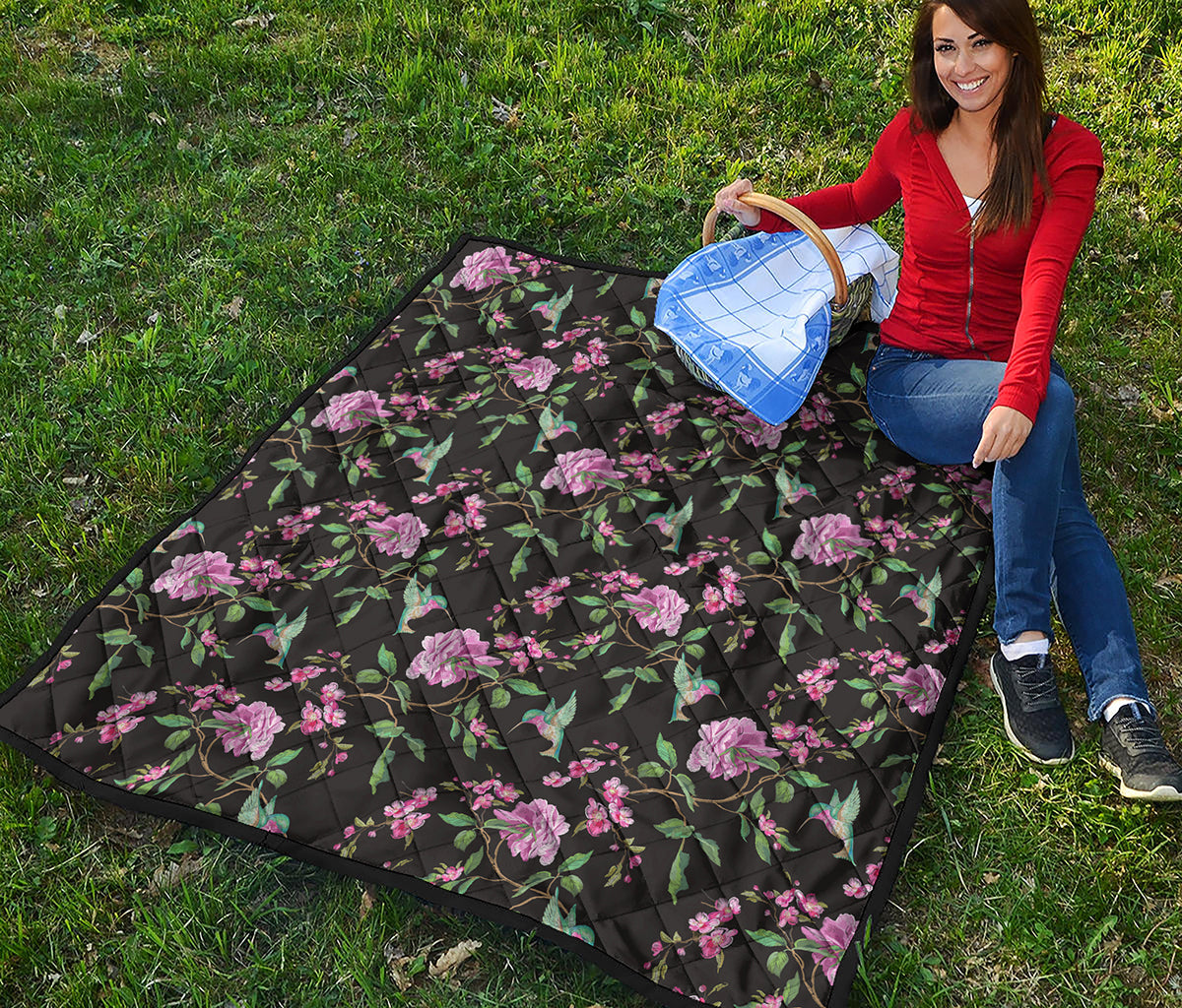 Vintage Floral Hummingbird Print Quilt