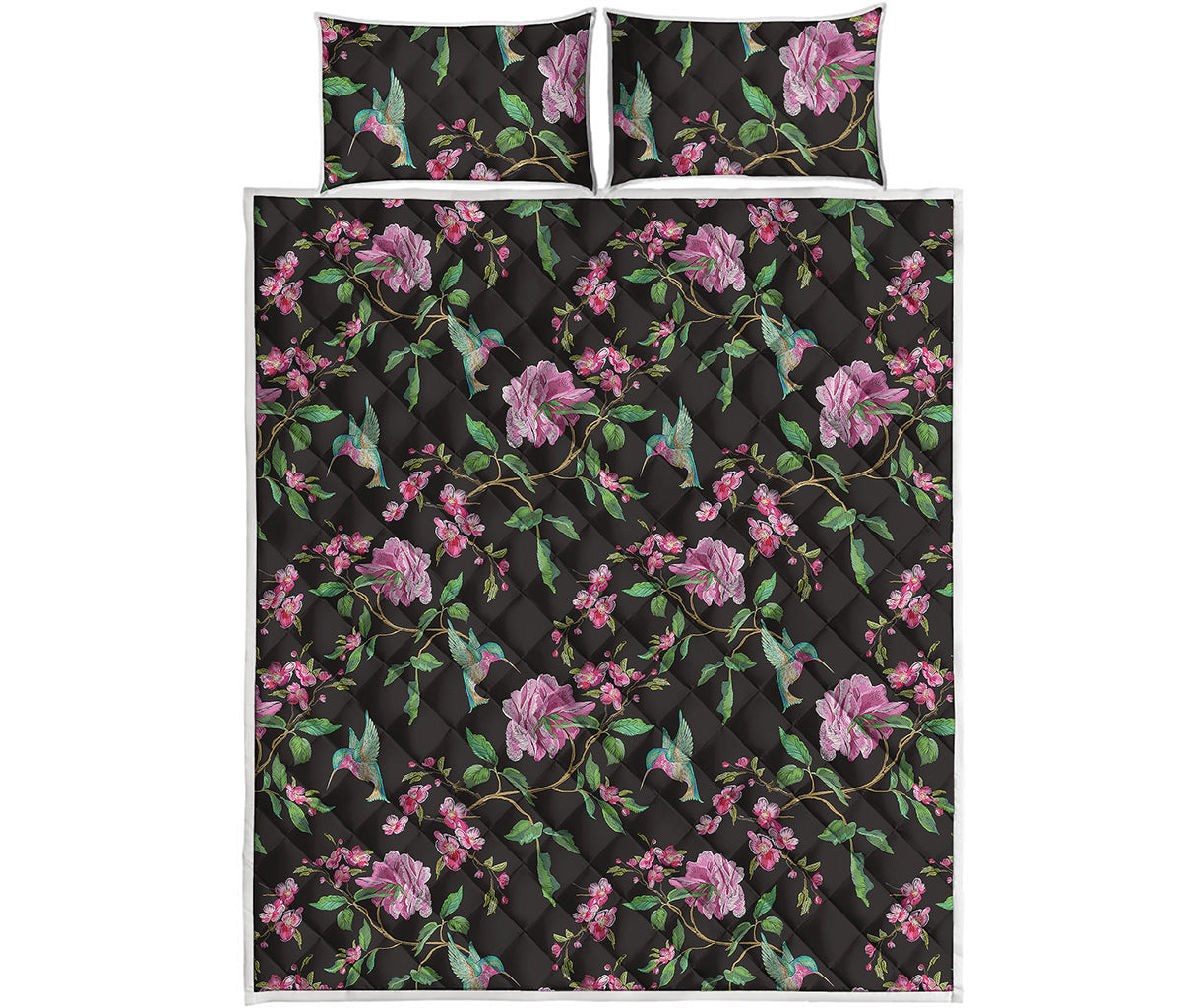 Vintage Floral Hummingbird Print Quilt Bed Set