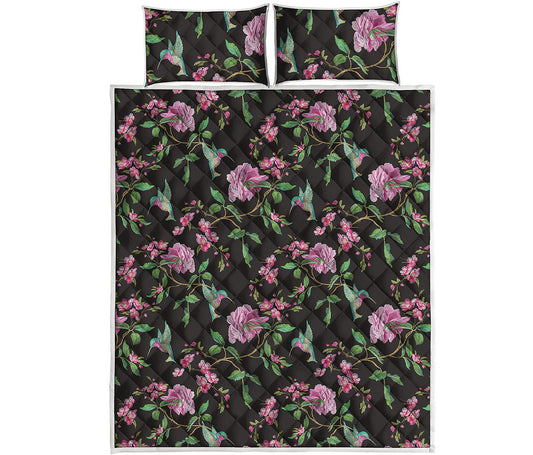 Vintage Floral Hummingbird Print Quilt Bed Set