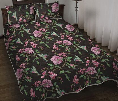 Vintage Floral Hummingbird Print Quilt Bed Set