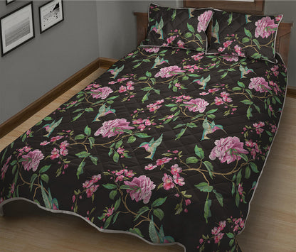 Vintage Floral Hummingbird Print Quilt Bed Set