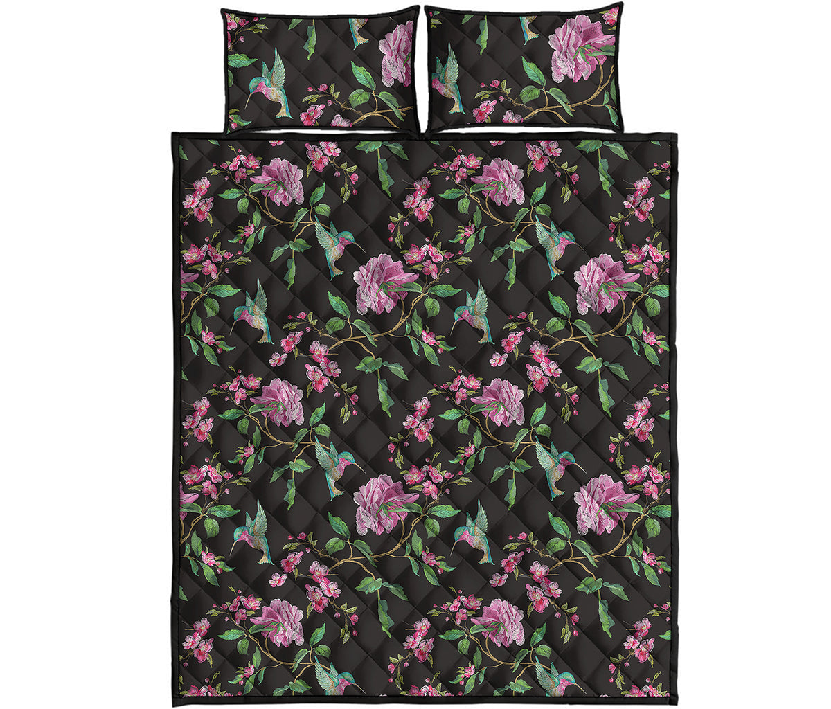 Vintage Floral Hummingbird Print Quilt Bed Set