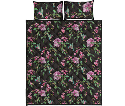 Vintage Floral Hummingbird Print Quilt Bed Set