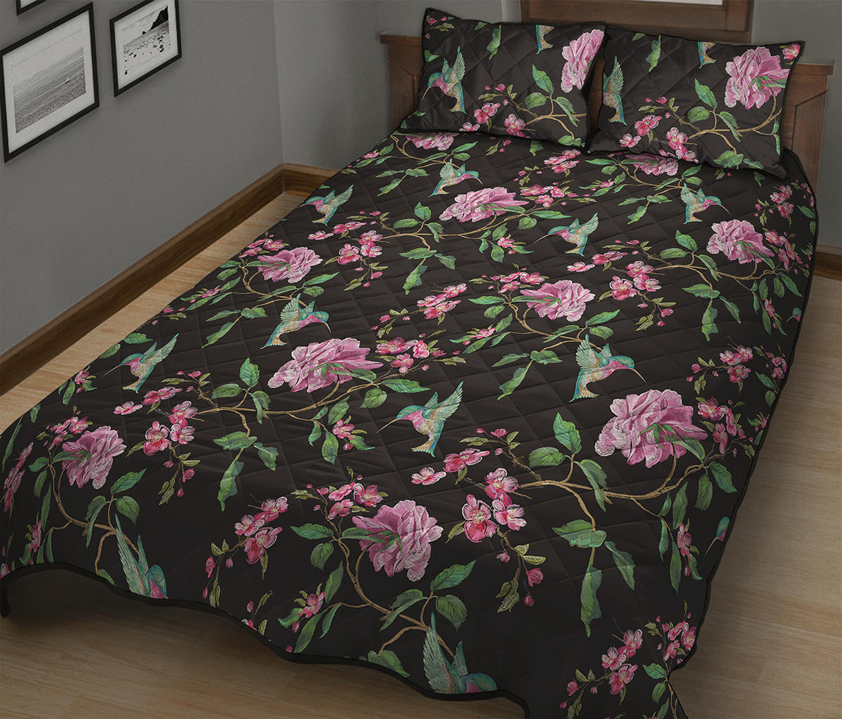 Vintage Floral Hummingbird Print Quilt Bed Set