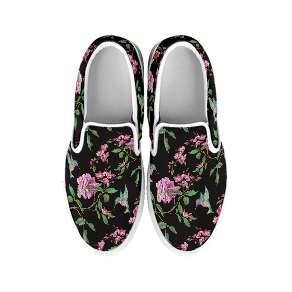 Vintage Floral Hummingbird Print White Slip On Shoes