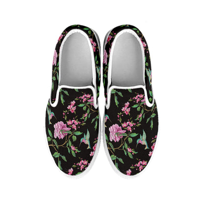 Vintage Floral Hummingbird Print White Slip On Shoes