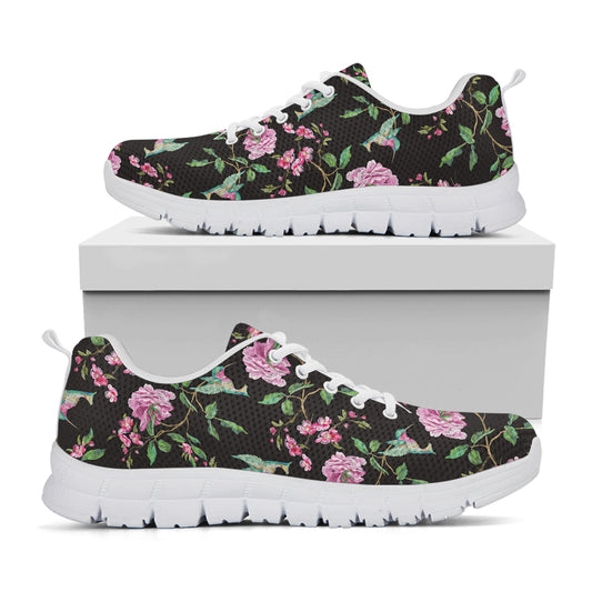 Vintage Floral Hummingbird Print White Sneakers