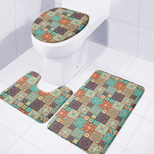 Vintage Floral Patchwork Pattern Print 3 Piece Bath Mat Set